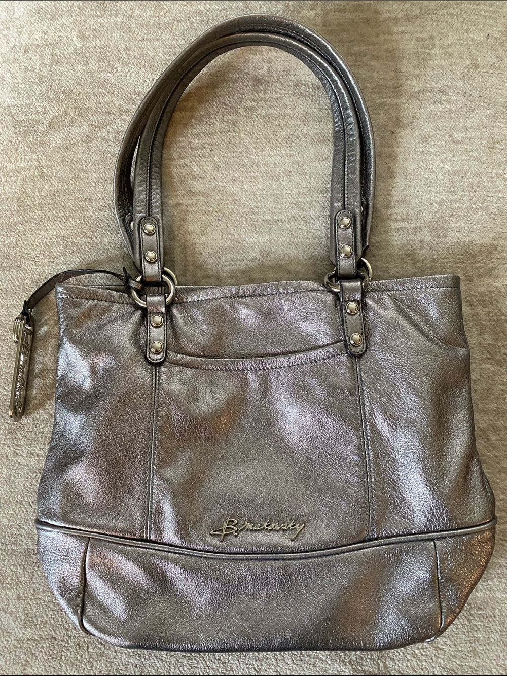 b. makowsky Metallic Pewter Shoulder Tote Collectable among vintage enthusiasts